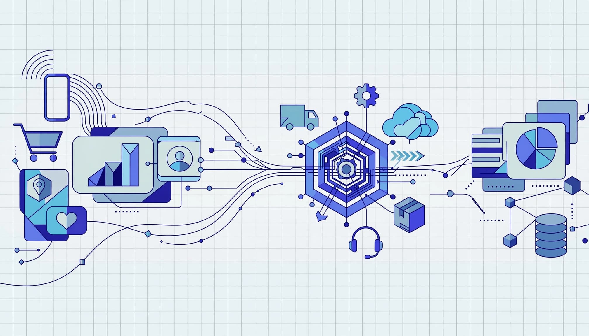 Geometric commerce cards and data nodes flow toward a central business system.