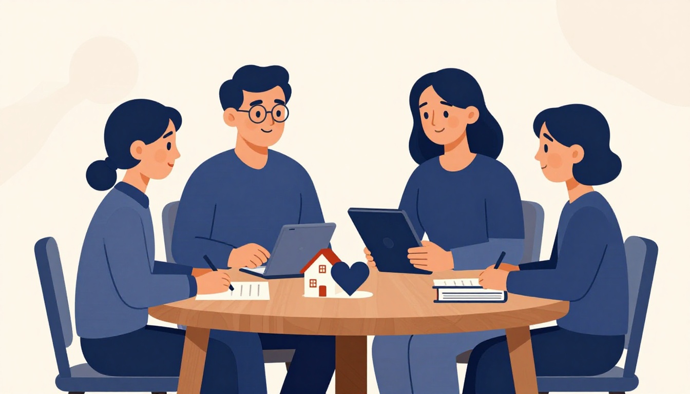 A family reviews documents around a wooden table with a tablet, house model, heart icon, and ledgers.
