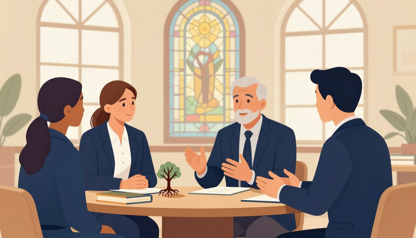 An advisor mentors a young professional at a table with books and a small rooted tree.