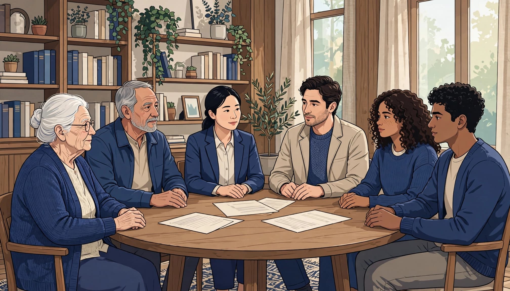 Six relatives from different generations meet around a table in a bright library.