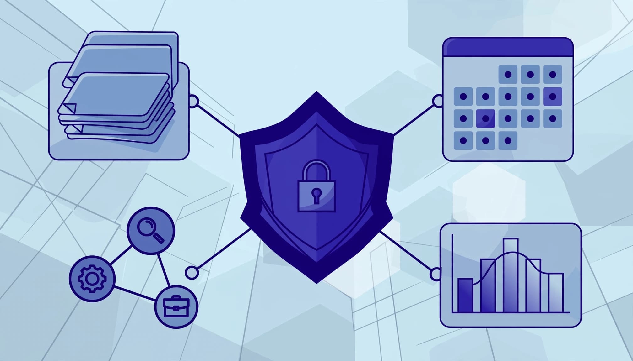 An indigo shield links documents, a calendar, a chart, and advisor nodes.