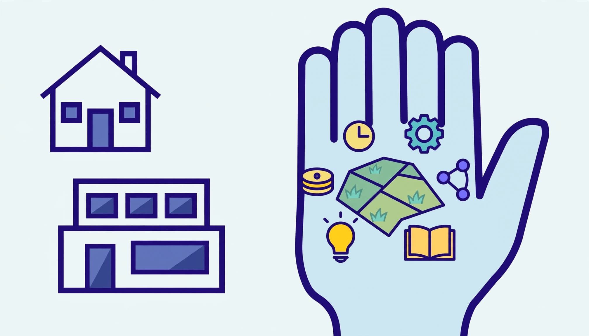 A house, a business building, and a large hand outline containing various icons like a clock, gear, and map.
